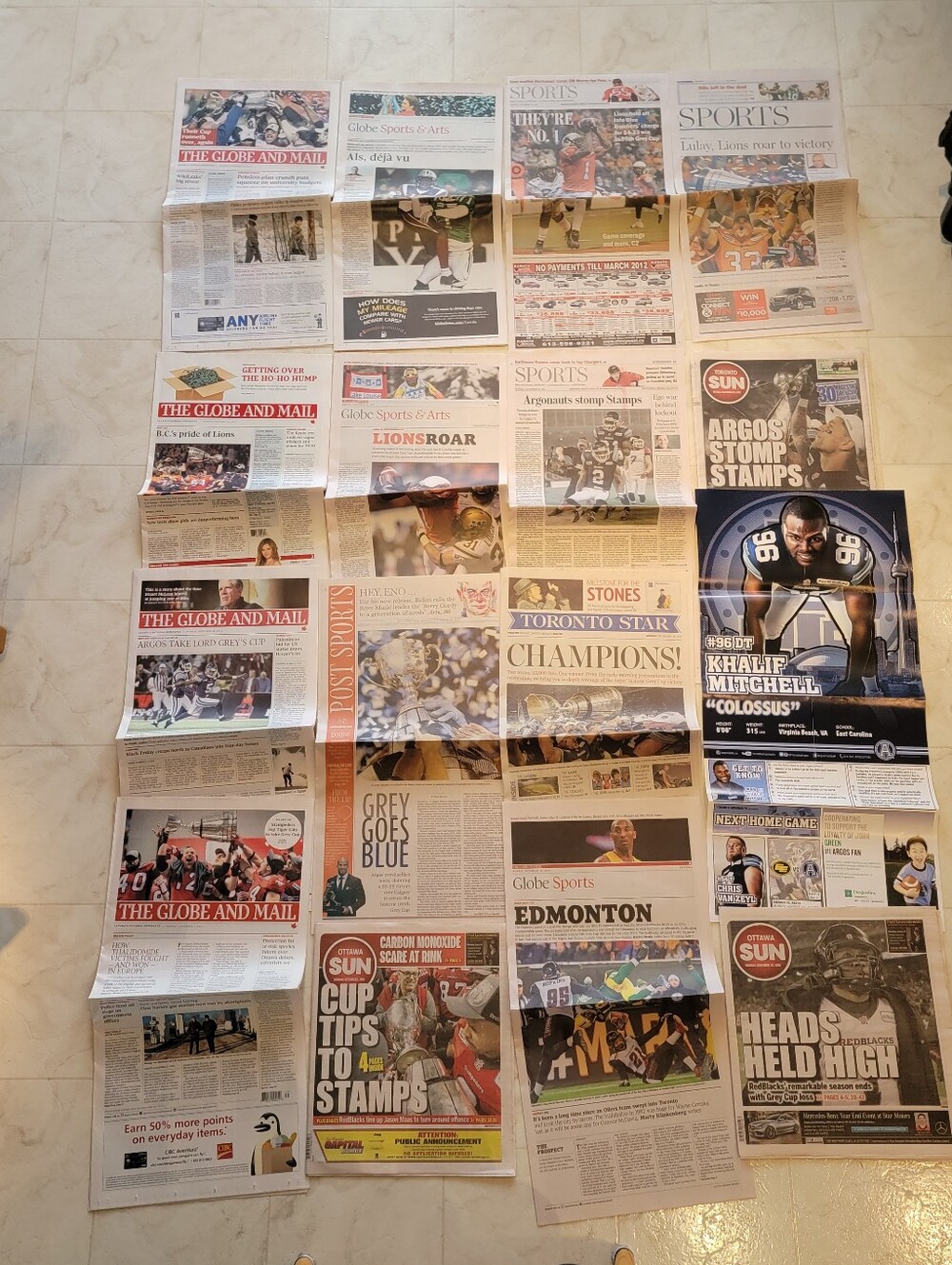 CFL Grey Cup Newspapers 2010 2011 2012 2014 & 2015